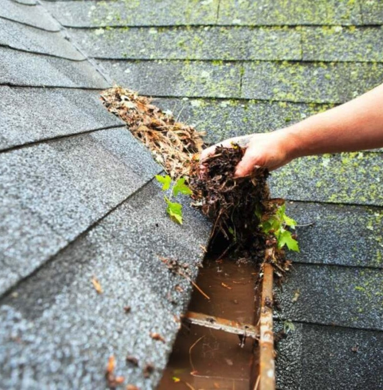 Cleaning Gutter with Hands